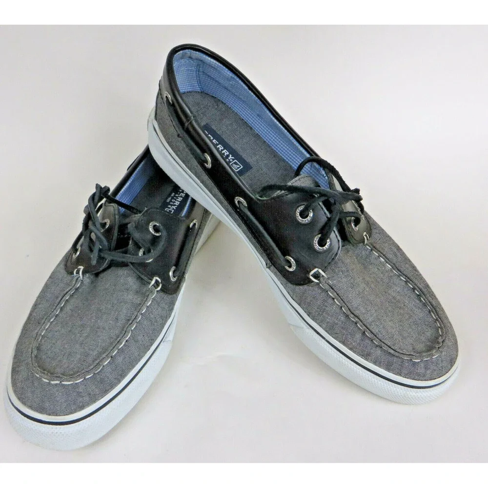 Mens Sperry Top-Sider Black & Gray Leather & Canvas Boat Dock Shoes Size 9.5 M